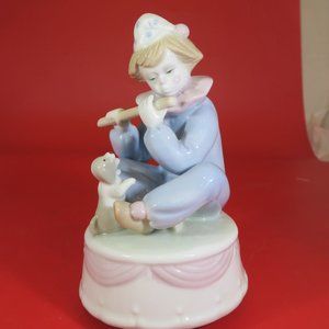 Meico Handcrafted Porcelain Revolving Music Box Boy Clown w/ Dog Playing Flute